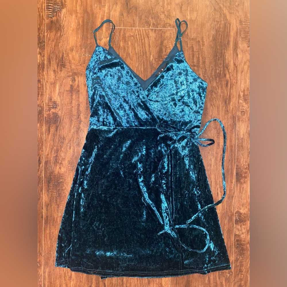 Lulu's Teal Velvet Mini Wrap Dress